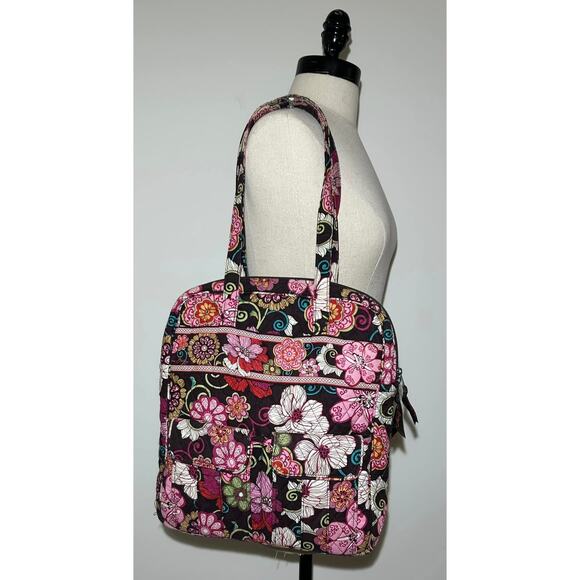 Vera Bradley MOD FLORAL PINK Double Handle Tote Bag Quilted Brown Floral - Picture 1 of 8